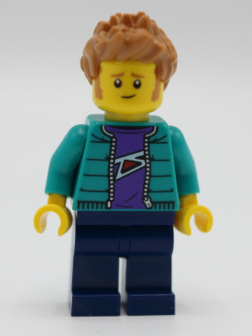 LEGO® Minifigurák twn390 - Male with Purple Shirt, Dark Turquoise Jacket, Dark Blue Legs and Medium Nougat Hair