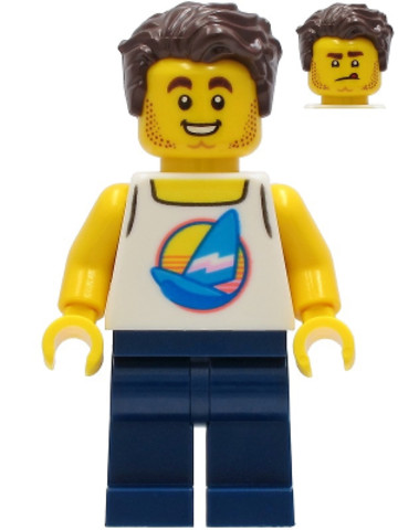 LEGO® Minifigurák twn407 - Surfer - Male, White Tank Top with Dark Azure Windsurf, Dark Blue Legs, Dark Brown Hair