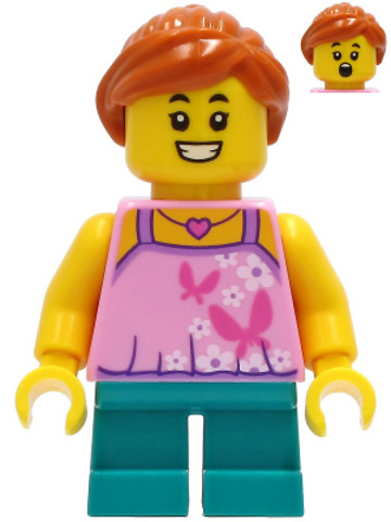 LEGO® Minifigurák twn408 - Tourist - Girl, Bright Pink Top with Butterflies and Flowers, Dark Turquoise Short Legs, Dark Orange