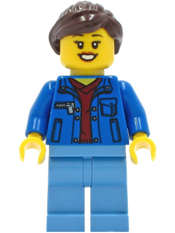 LEGO® Minifigurák twn409 - Woman - Blue Jacket over Dark Red V-Neck Sweater, Medium Blue Legs, Dark Brown Hair
