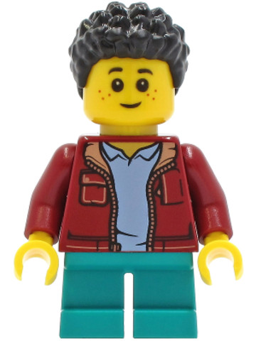LEGO® Minifigurák twn410 - Child Boy, Dark Red Jacket with Bright Light Blue Shirt, Dark Turquoise Short Legs, Black Short Coil