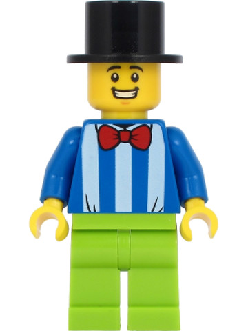 LEGO® Minifigurák twn413 - Fairground Worker - Male, White Stripes and Red Bow Tie, Lime Legs, Black Top Hat