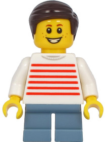 Boy - White Sweater with Red Horizontal Stripes, Sand Blue Short Legs, Dark Brown Hair