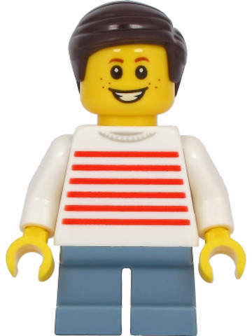 LEGO® Minifigurák twn415 - Boy - White Sweater with Red Horizontal Stripes, Sand Blue Short Legs, Dark Brown Hair
