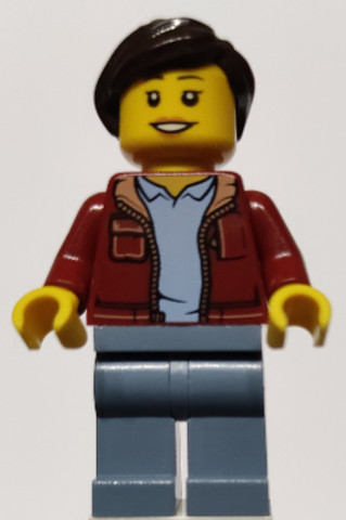 LEGO® Minifigurák twn430 - Woman, Dark Red Jacket with Bright Light Blue Shirt, Sand Blue Legs, Dark Brown Hair