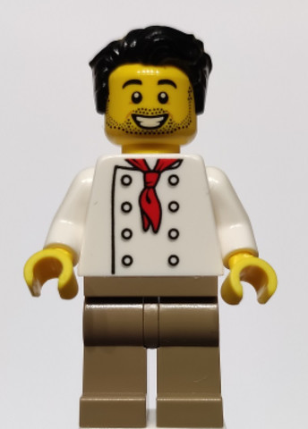 LEGO® Minifigurák twn431 - Chef - White Torso with 8 Buttons, No Wrinkles Front or Back, Dark Tan Legs, Black Hair