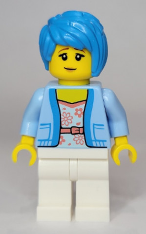 LEGO® Minifigurák twn437 - Woman, Bright Light Blue Jacket with Coral Floral Shirt, White Legs, Dark Azure Tousled Hair