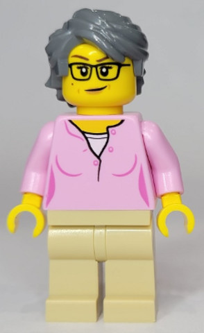 LEGO® Minifigurák twn438 - Woman, Bright Pink Shirt, Tan Legs, Dark Bluish Gray Swept Back Tousled Hair