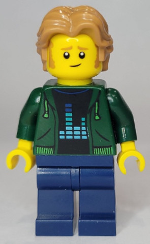 LEGO® Minifigurák twn441 - Man, Dark Green Hoodie with Bright Green Drawstrings, Dark Blue Legs, Medium Nougat Wavy Hair
