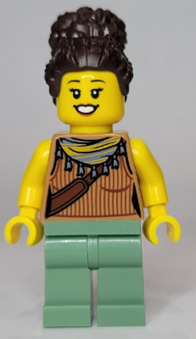 LEGO® Minifigurák twn442 - Woman, Medium Nougat Tank Top with Reddish Brown Ribbing and Should Bag, Sand Green Legs, Dark Brown
