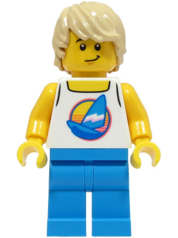 LEGO® Minifigurák twn461 - Beach Tourist - Male, White Tank Top with Dark Azure Sailboat, Dark Azure Legs, Tan Hair