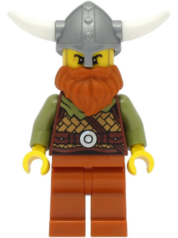 LEGO® Minifigurák vik038 - Viking Warrior - Male, Medium Nougat Leather Armor, Dark Orange Beard and Legs, Flat Silver Helmet