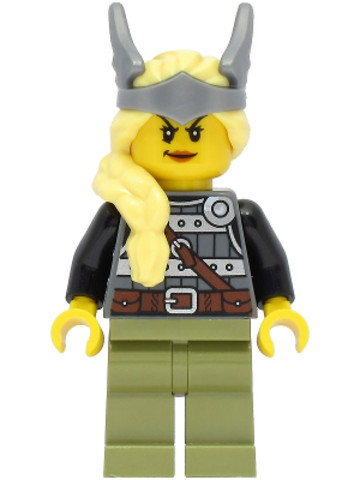 LEGO® Minifigurák vik039 - Viking Warrior - Female, Dark Bluish Gray and Silver Armor, Olive Green Legs, Bright Light Yellow Ha