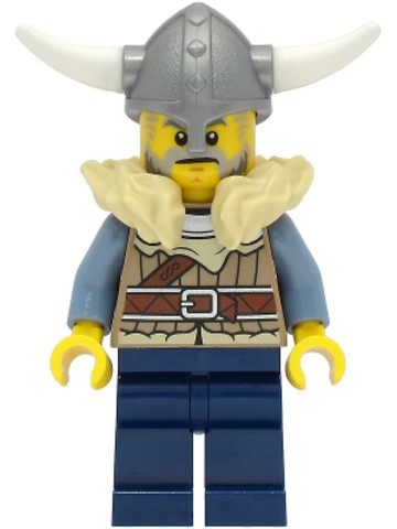 LEGO® Minifigurák vik040 - Viking Warrior - Male, Dark Tan Jacket with Tan Fur, Dark Blue Legs, Flat Silver Helmet