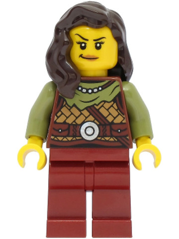 LEGO® Minifigurák vik041 - Viking Warrior - Female, Leather Armor, Dark Red Legs, Dark Brown Hair